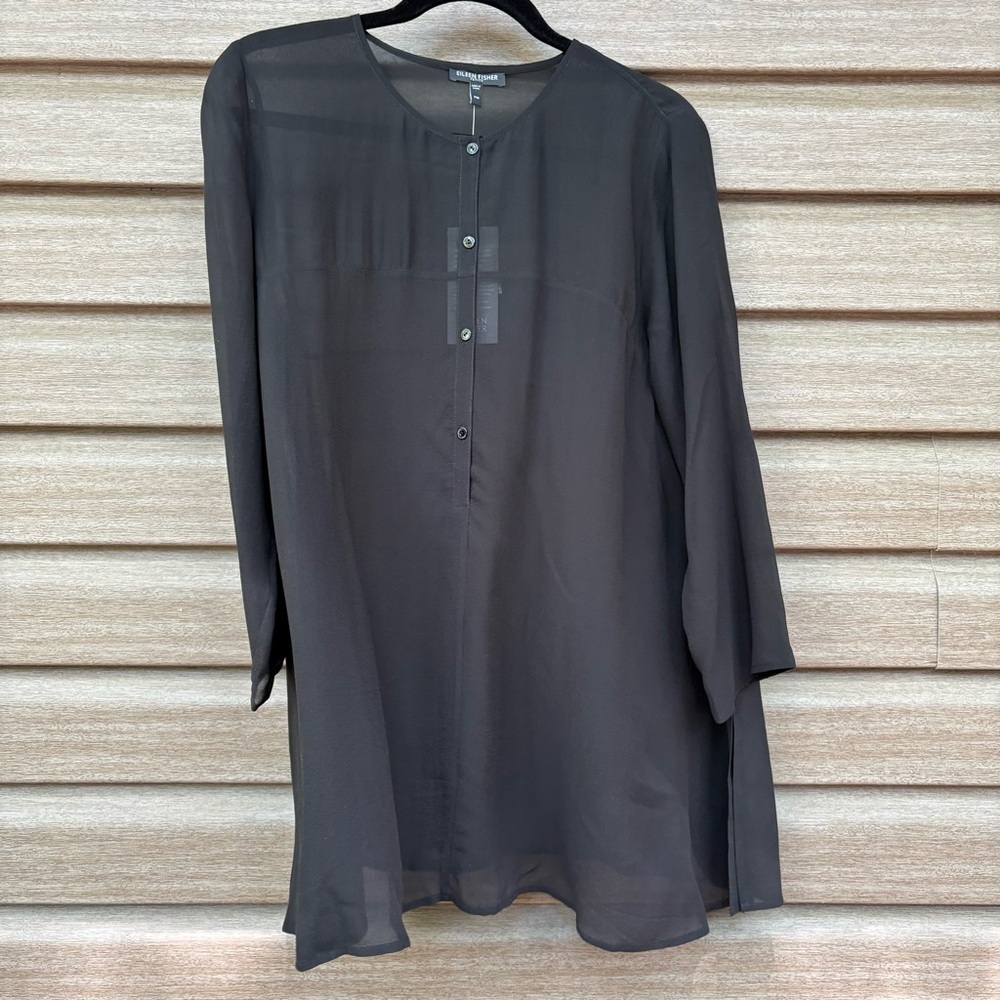 Eileen Fisher Black Silk Georgette Round Neck Tunic - Picture 2 of 4